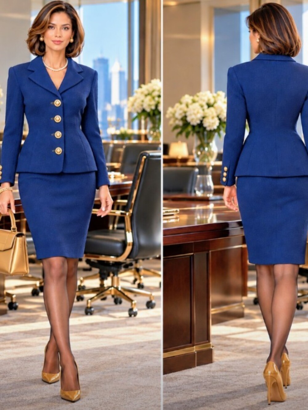 St John Knit 12/14 Navy Gold Crest Buttons Satin Covered Button Hole Skirt Suit